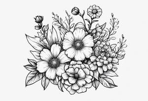 a simplistic bouquet of forget me not flowers, carnation flowers, and aster flowers with a stem that goes into the phrase “papa 09/17/52 - 01/17/24” tattoo idea