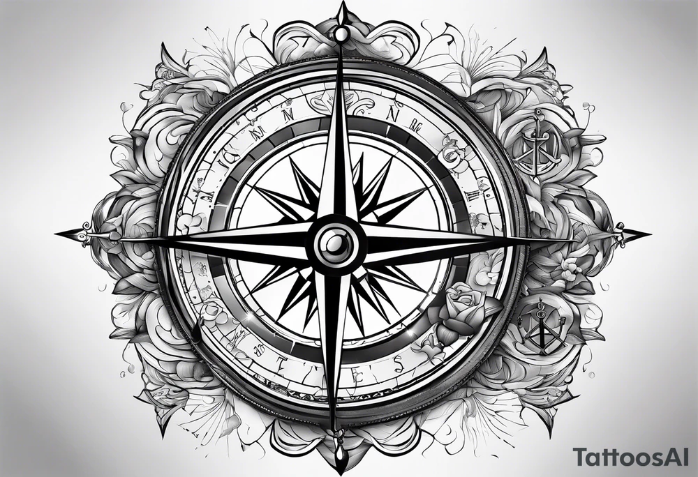 Compass with anchor and gps data and clouds tattoo idea