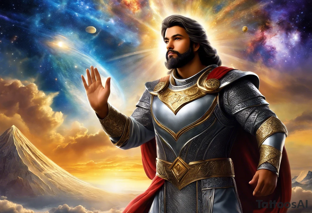 Jehovah looking out at the marvels of his creation from the atoms to the galaxy and celestial beings. With grey wash and a fantasy theme. Jehovah has to be a character who is so majestic, charismatic, immensely powerful. There isnt a single thing he isnt capable of doing. Infinitely powerful forward facing. Without the pagan styled attire and without the pagan symbols etceterashirtless, large muscular athletic physique, deep muscle definition tattoo idea