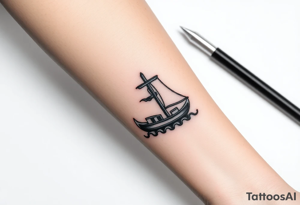 Boat on fire with cross as mast tattoo idea