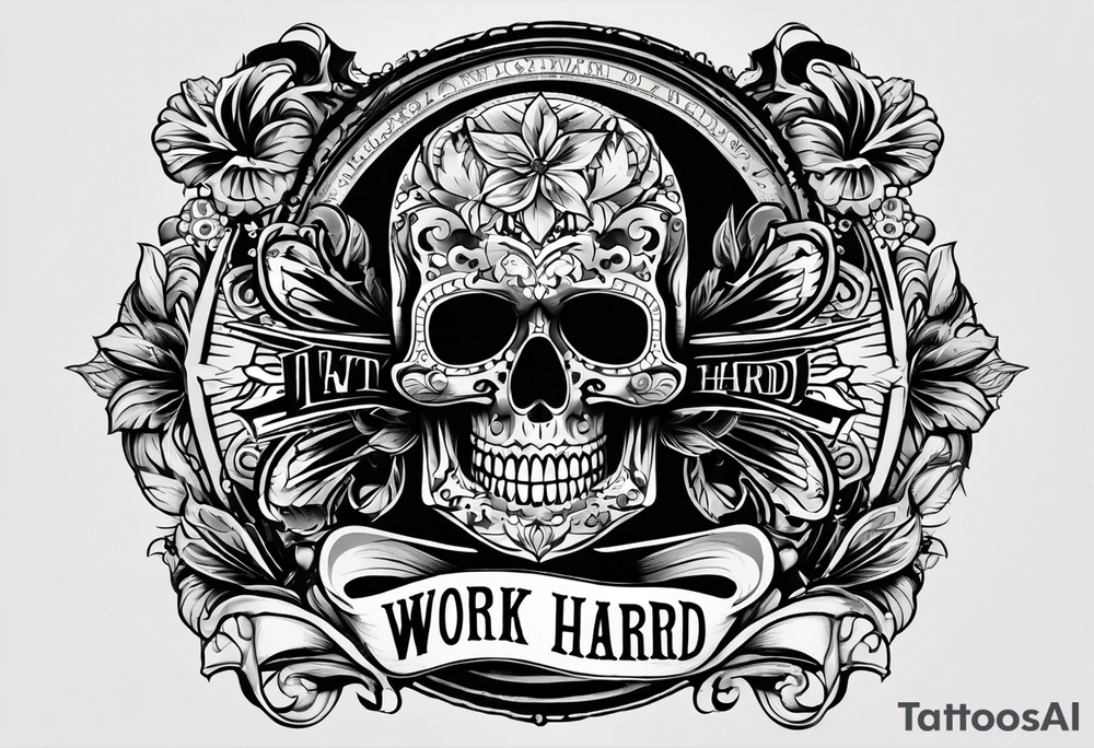 I want a tattoo with a skull design with the letters "work hard" at the top and the letters "play hard" at the bottom, in black only. tattoo idea