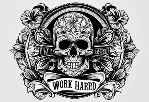 I want a tattoo with a skull design with the letters "work hard" at the top and the letters "play hard" at the bottom, in black only. tattoo idea