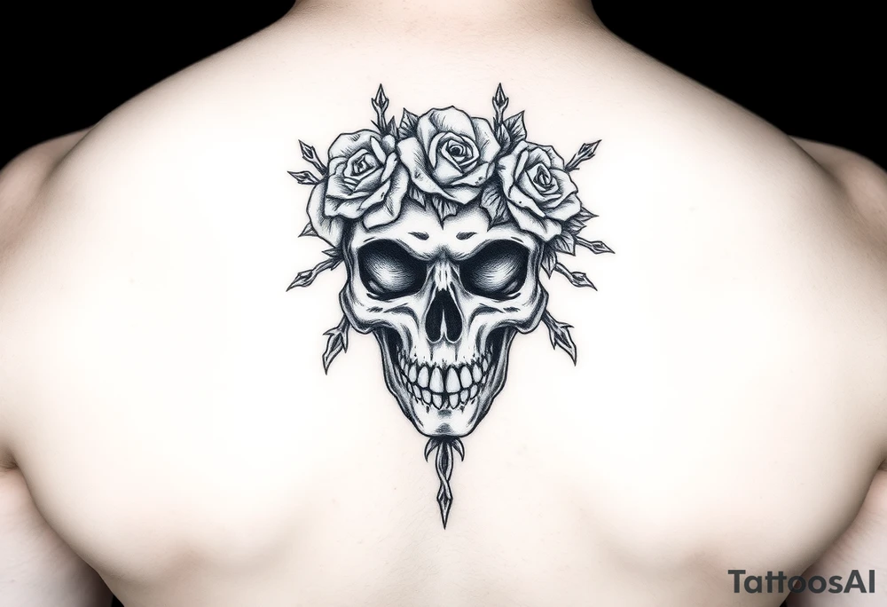ornate skull adorned with crown of wild roses and thorns tattoo idea