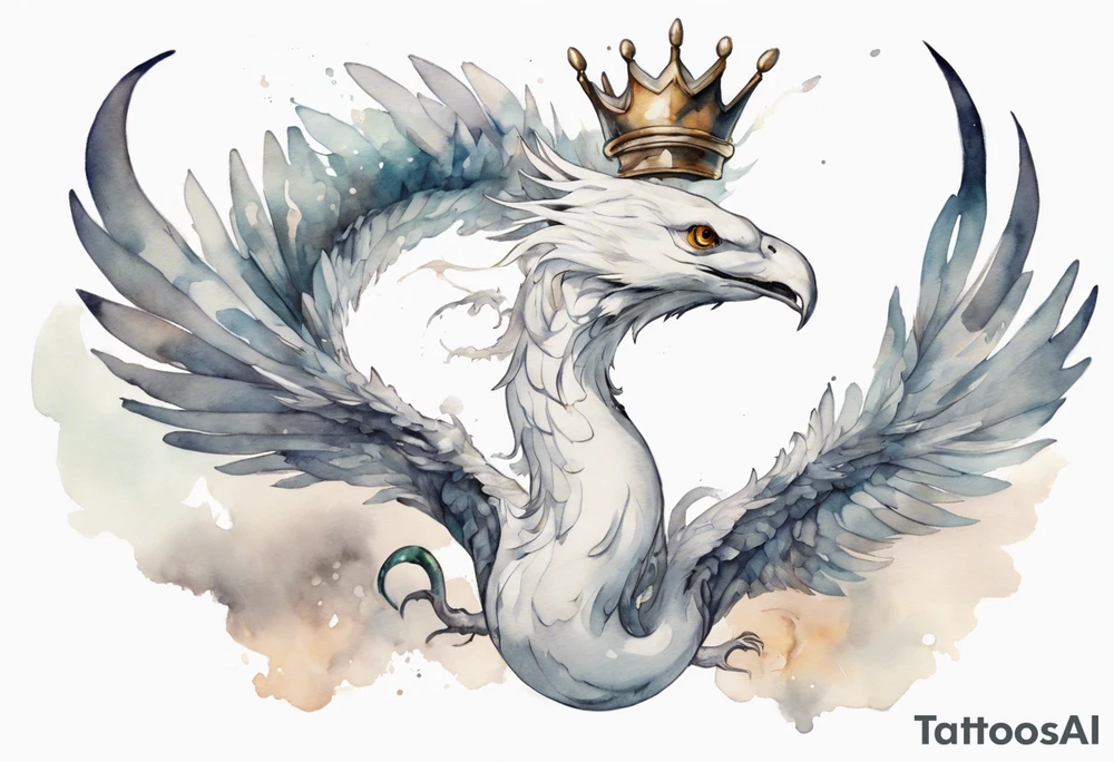 a white bird-serpent hybrid, wearing a pewter crown on its head, flying in the air tattoo idea