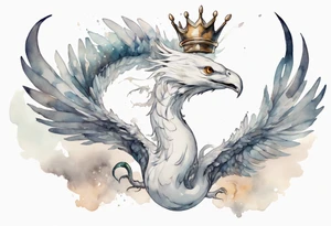 a white bird-serpent hybrid, wearing a pewter crown on its head, flying in the air tattoo idea
