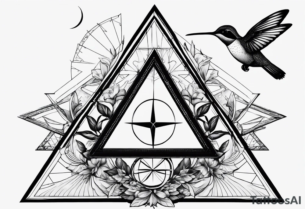 Two triangles with one unclosed, crescent moon, compass, one hummingbird tattoo idea