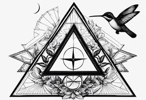 Two triangles with one unclosed, crescent moon, compass, one hummingbird tattoo idea