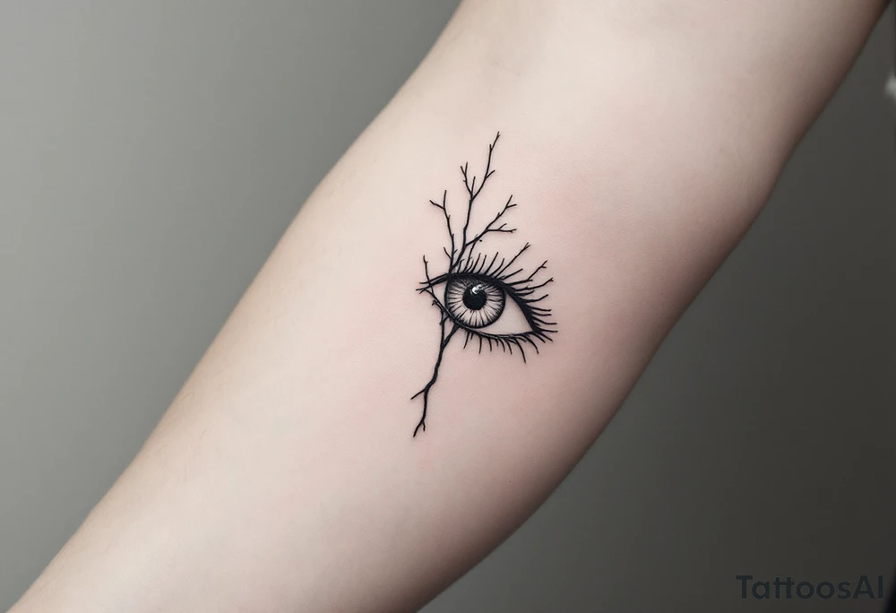 Minimalistic black line tattoo of an eye with its lines extending into tree branches, thin and abstract design. tattoo idea