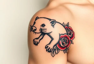 A mole animal with bold black outlines, and red roses surrounding it for a classic old-school aesthetic tattoo idea