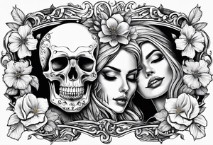 ta skeleton couple with bibiscus flowers. western style tattoo idea
