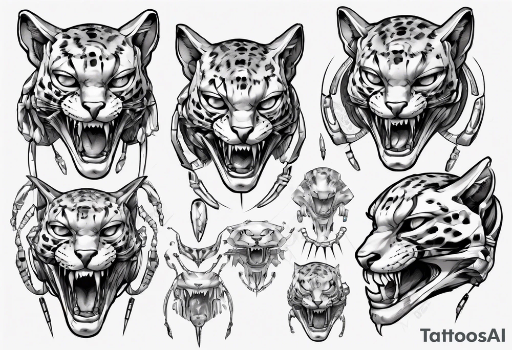 cybernetic ocelot full body teeth showing tattoo idea