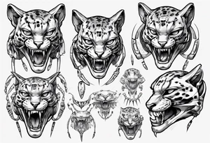 cybernetic ocelot full body teeth showing tattoo idea
