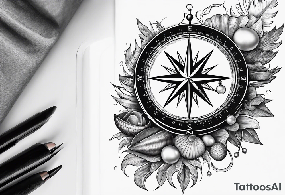 Compass,Open clam with pearl inside, shells, starfish tattoo idea