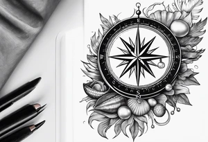 Compass,Open clam with pearl inside, shells, starfish tattoo idea