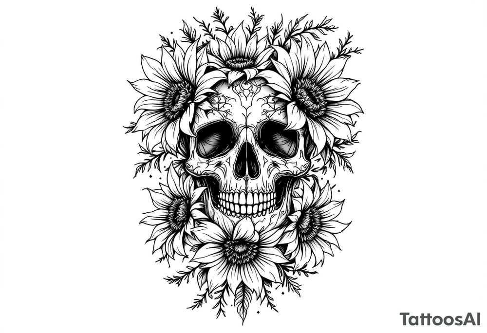 ornate skull adorned with wild roses and sunflowers tattoo idea