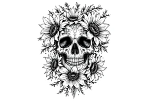 ornate skull adorned with wild roses and sunflowers tattoo idea