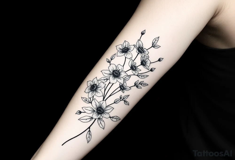 starting from a band mid forearm, narcissus flowers and holly flowers going up the arm tattoo idea