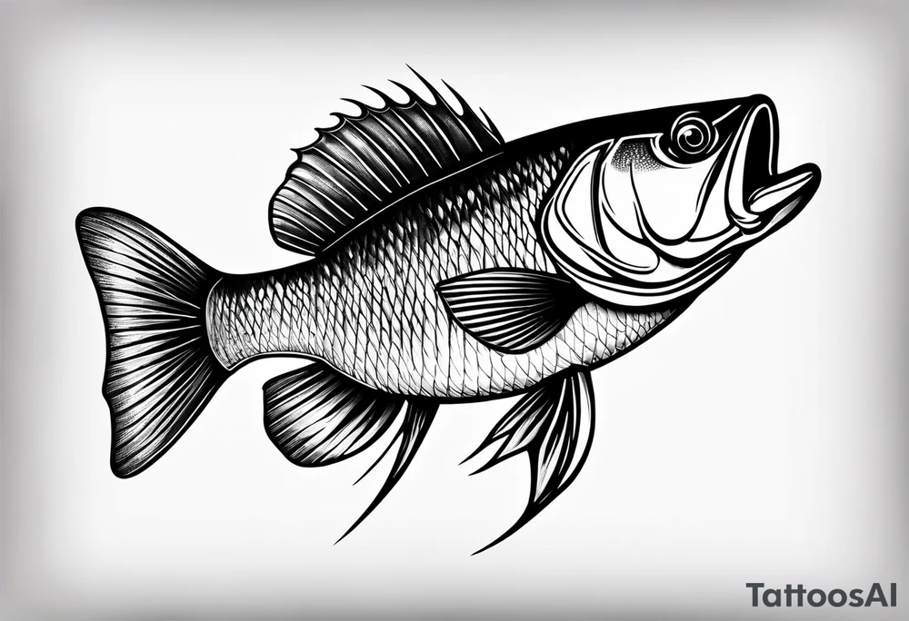 bass fish, its tail turns into a fishing hook tattoo idea