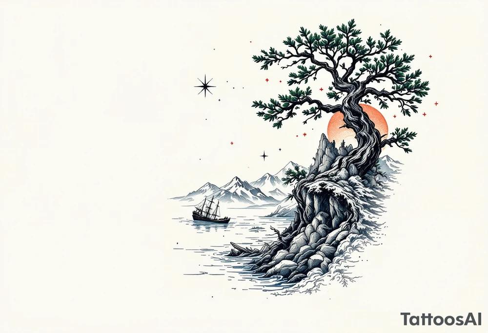 tattoo that has an acacia tree with mountains, ocean with a ship wreck and the northern star tattoo idea