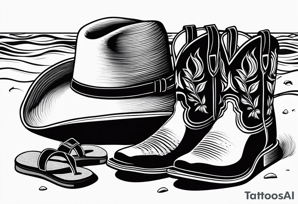 Keep it simple. A pair of mens boots next to two flip flops and a cowboyhat on the Beach. tattoo idea