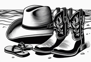Keep it simple. A pair of mens boots next to two flip flops and a cowboyhat on the Beach. tattoo idea