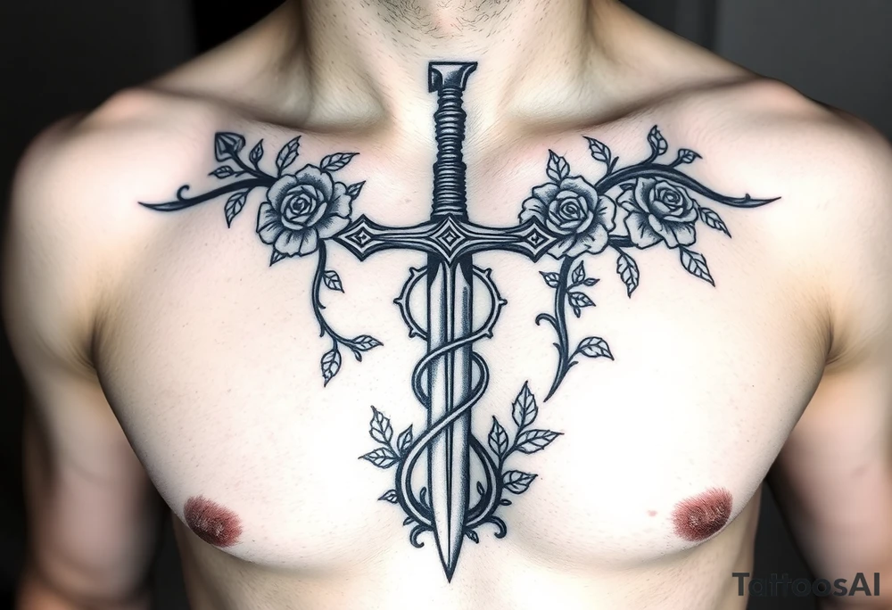 A gothic cross with a sword tip on the bottom going through an infinity sign and has roses and vines growing around tattoo idea