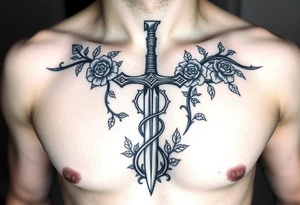 A gothic cross with a sword tip on the bottom going through an infinity sign and has roses and vines growing around tattoo idea
