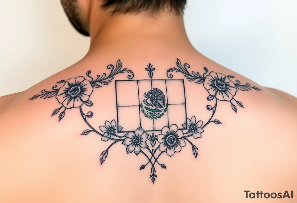 Small, feminine tattoo for placement on my clavical or lower back that reflects new life journey, delicate florals, ornaments and vines. Include Mexican flag and images of Mexican flowers. Style as four tile layout. Can you make it smaller? tattoo idea