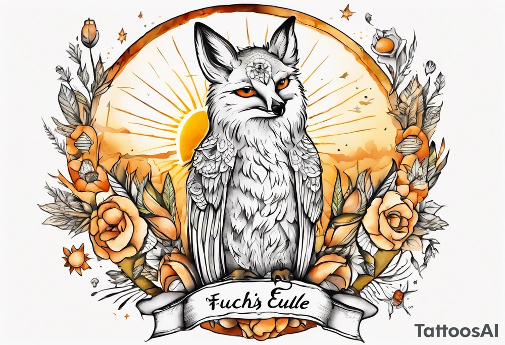 Fuchs und Eule unter der Sonne mit dem Schriftzug Sapere Aude tattoo idea