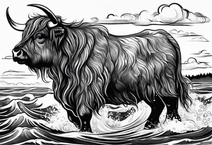 Nessie being ridden by a highland cow tattoo idea