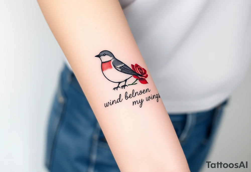 Robin with red rose petals with writing saying wind beneath my wings tattoo idea