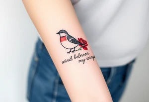 Robin with red rose petals with writing saying wind beneath my wings tattoo idea