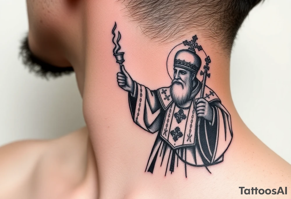 Russian Orthodox Priest in fully detailed vestment swinging a censer with smoke curling upward tattoo idea