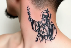 Russian Orthodox Priest in fully detailed vestment swinging a censer with smoke curling upward tattoo idea
