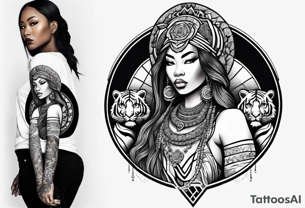 African goddess with sword and tiger Japanese traditional style full sleeve tattoo tattoo idea