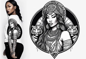 African goddess with sword and tiger Japanese traditional style full sleeve tattoo tattoo idea