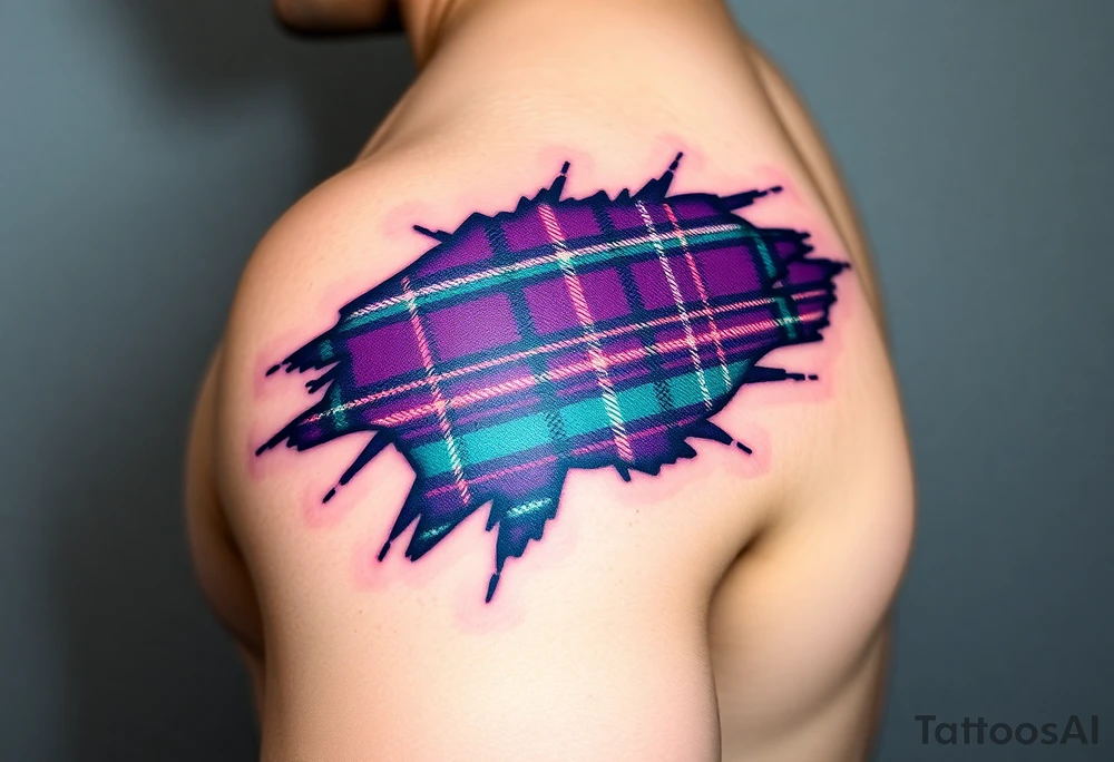 Dark Purple with green pink blue and white highlights tartan fabric on bicep with skin ripping away to reveal tartan underneath tattoo idea