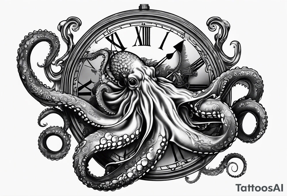 pocket watch being attacked by an aggressive octopus tattoo idea