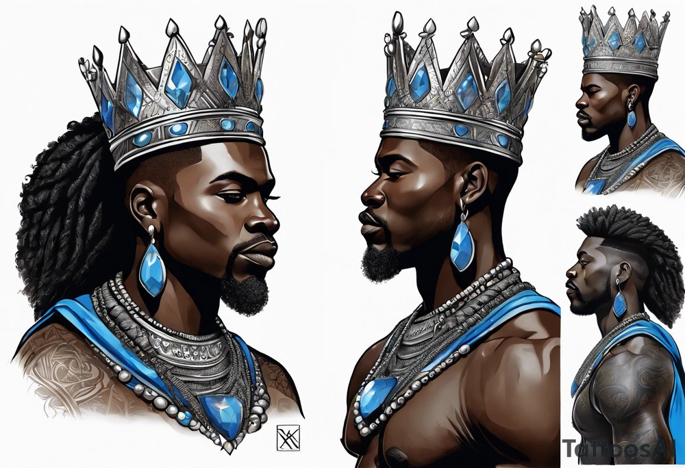 Black-skinned african king with a simple silver crown. He uses blue necklaces and has a sword tattoo idea