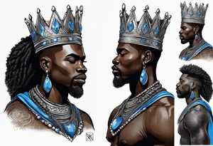 Black-skinned african king with a simple silver crown. He uses blue necklaces and has a sword tattoo idea