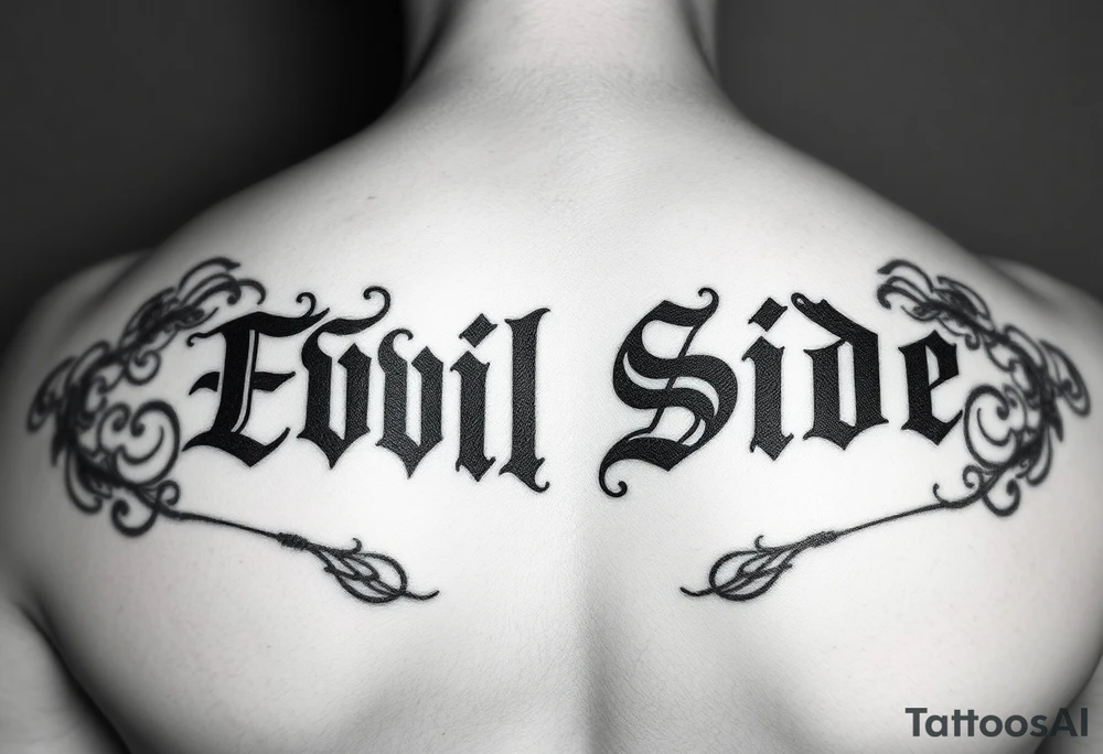 Tattoo saying Evil Side. black and white . Gangsta shaded outside letters smoke clouds shading tattoo idea