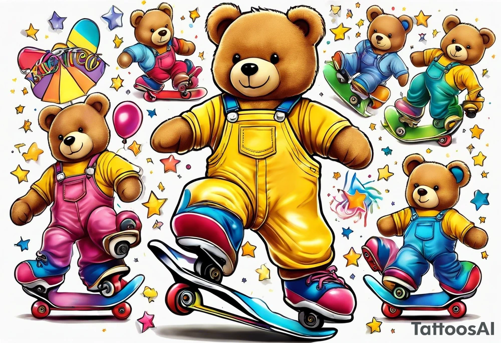 A rollerskating teddy bear in yellow overalls and rainbow skates tattoo idea
