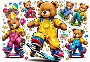 A rollerskating teddy bear in yellow overalls and rainbow skates tattoo idea