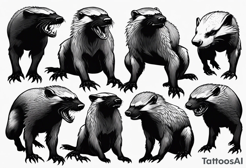 Angry, snarling, detailed full-length honey badger with numerous cuts tattoo idea
