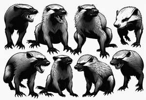 Angry, snarling, detailed full-length honey badger with numerous cuts tattoo idea