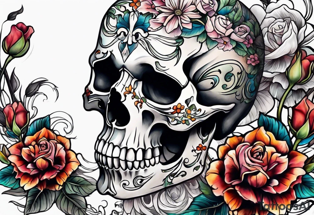Skeletons and Flowers tattoo idea