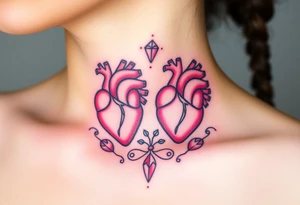 Two anatomical hearts surrounded by filigree and crystal or gem accents tattoo idea