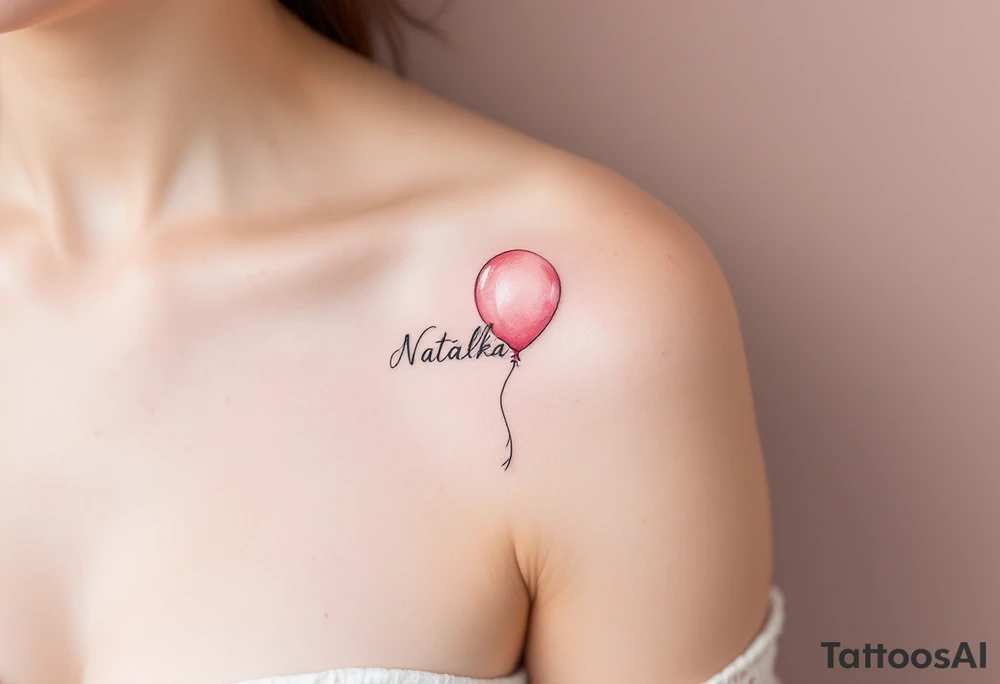 Natálka scripted across a blush pink balloon, floating upward. tattoo idea
