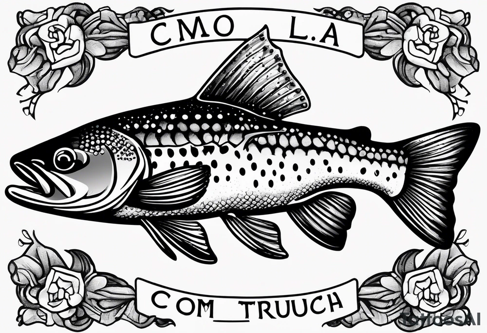 A shaded trout with text that says, 'Como la trucha...' tattoo idea