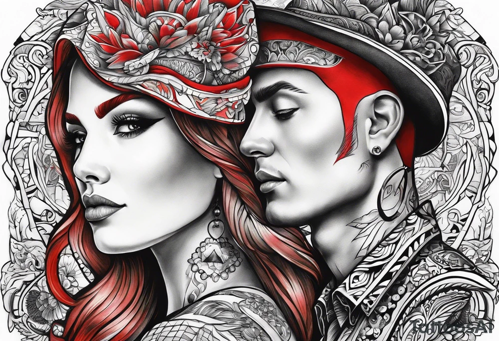 Couple's tattoos red head and brown mexican tattoo idea